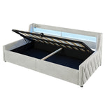 90x200 Platform Bed with Hydraulic Storage & LED, Beige Velvet