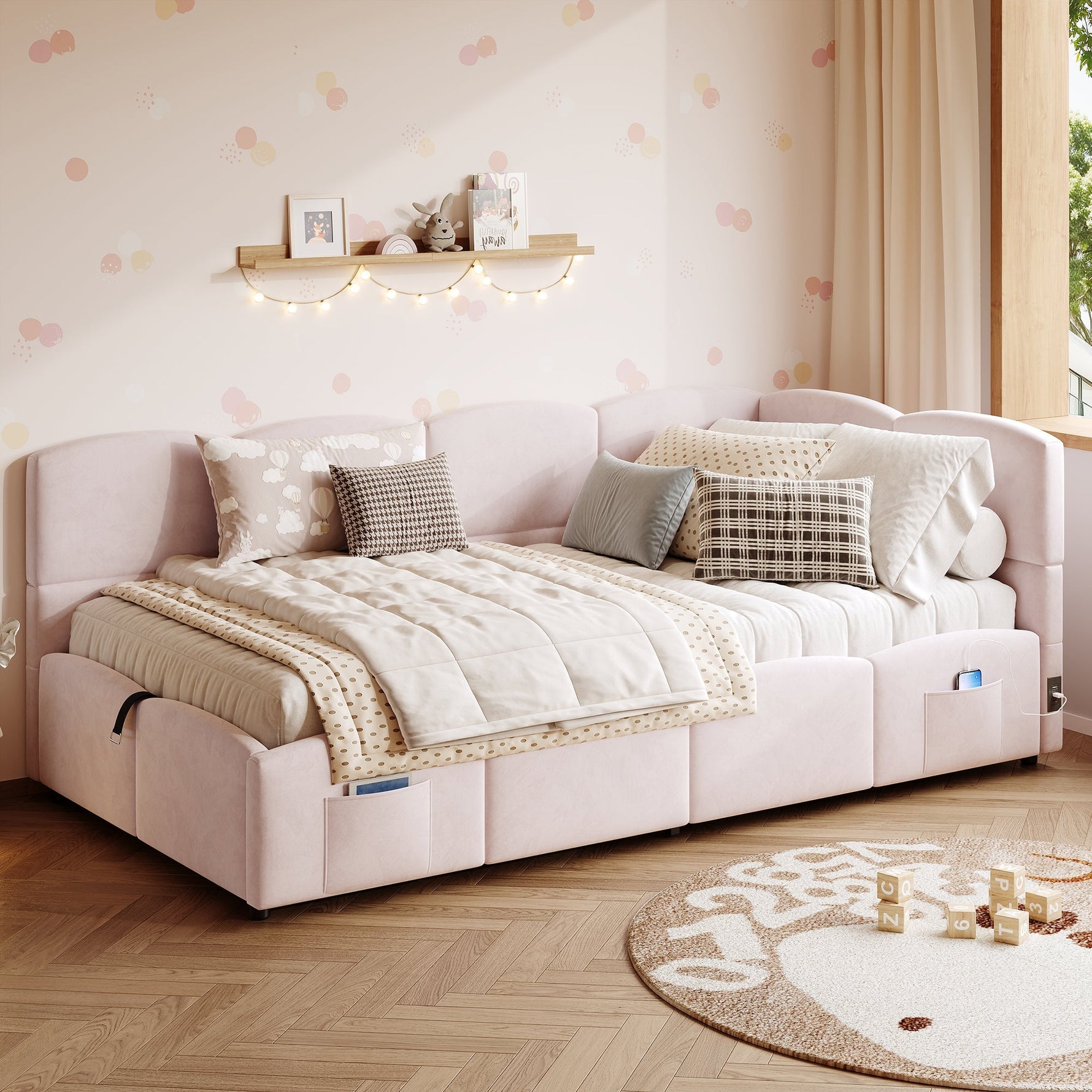 Upholstered Bed with USB Charger and Storage, 90x200cm, Pink Velvet