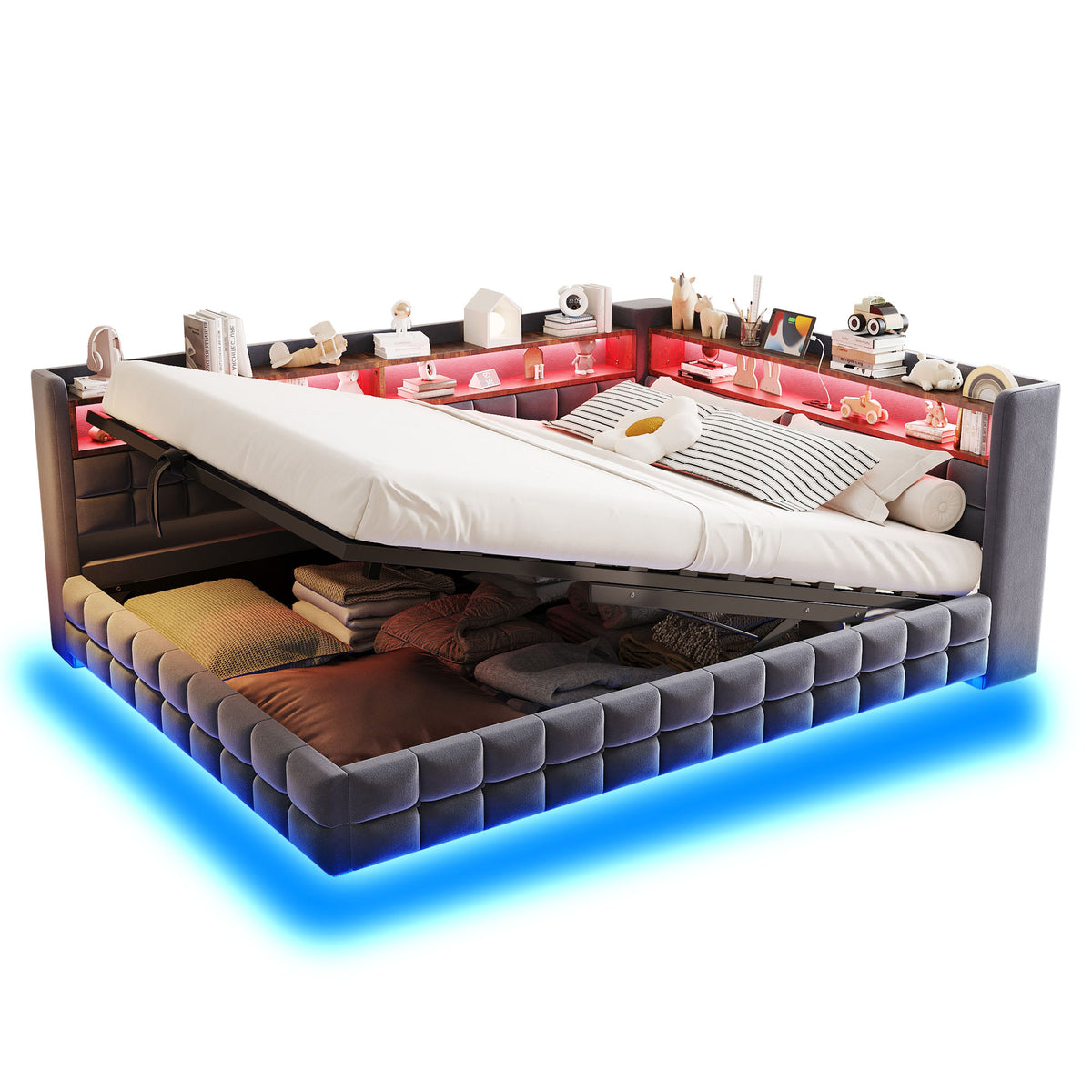 Multifunctional Sofa Bed 140x200 with Storage & LED, Dark Grey Velvet