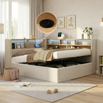 Daybed with Hydraulic Storage, LED, USB and Backrest, 140x190cm, Beige Velvet