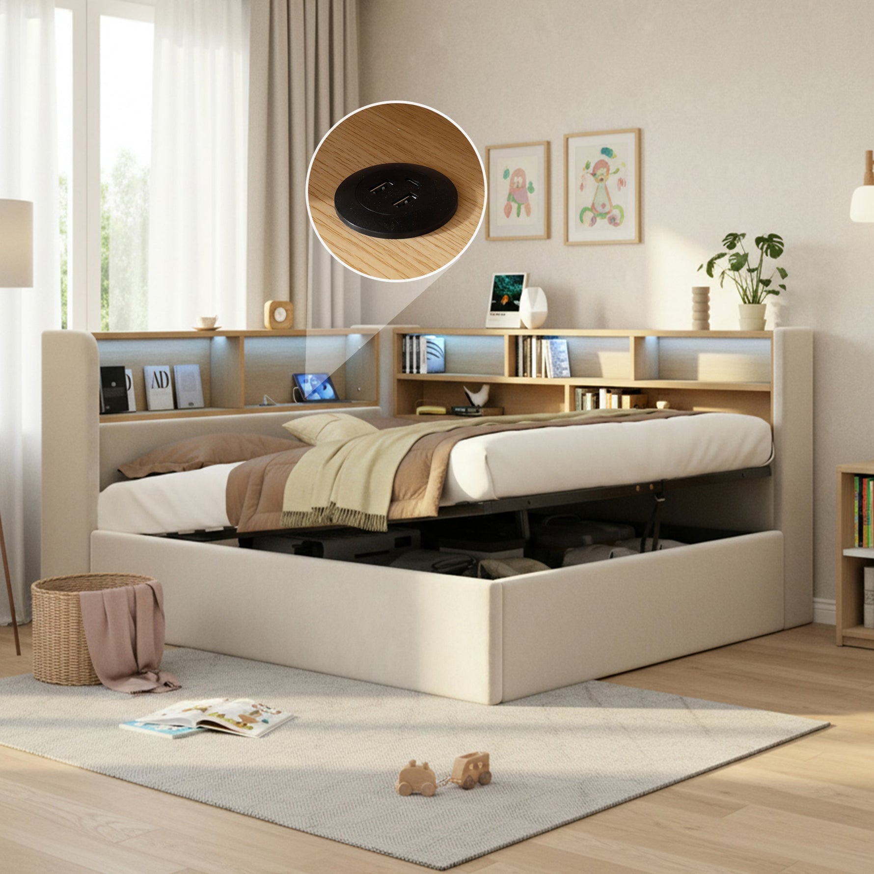 Daybed with Hydraulic Storage, LED, USB and Backrest, 140x190cm, Beige Velvet