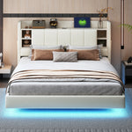 Upholstered Bed 160 x 200 cm, USB Socket, Light Strip, Reversible Headboard, Beige Linen Fabric