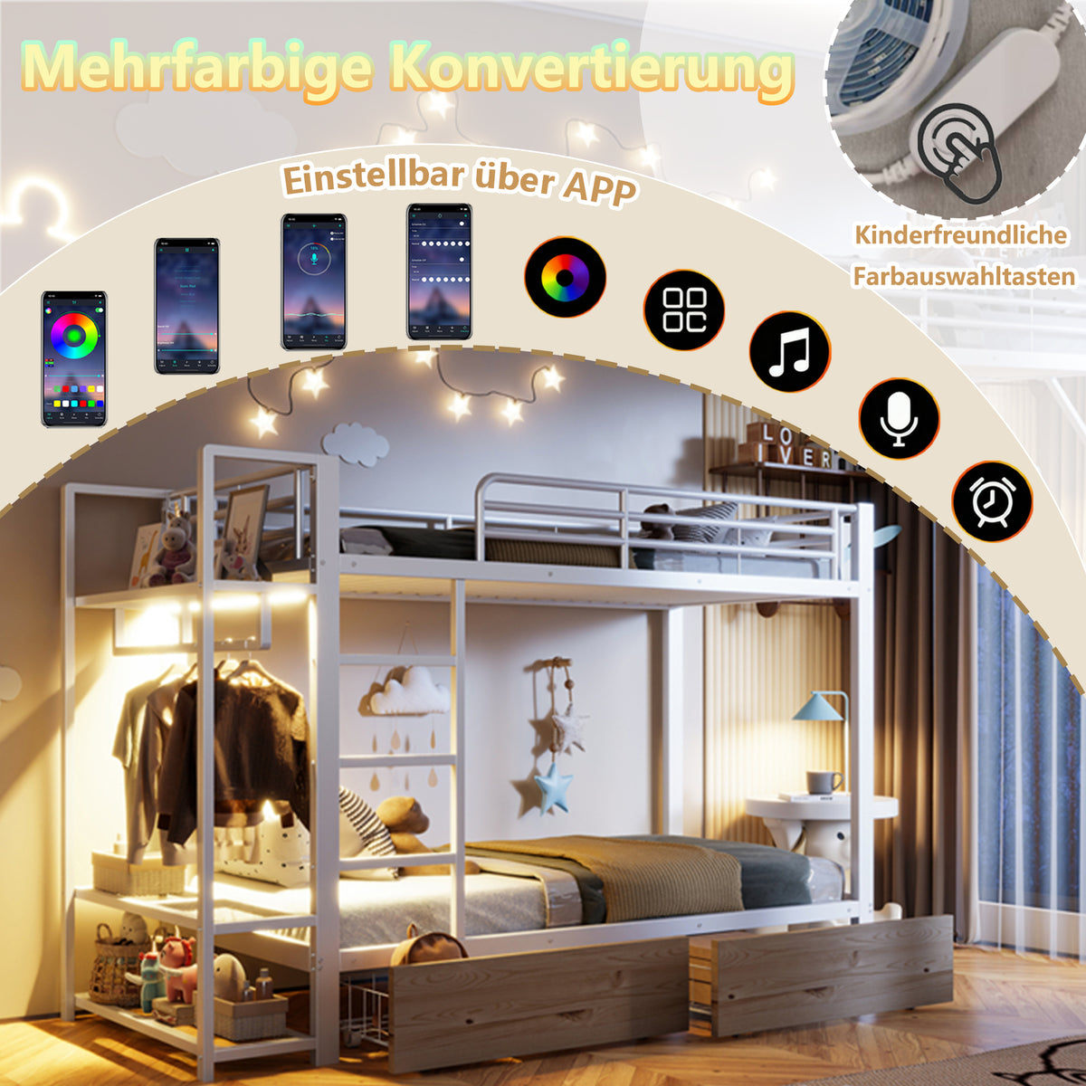 Bunk Bed 90x200 cm with Drawers & LED, White Iron Frame