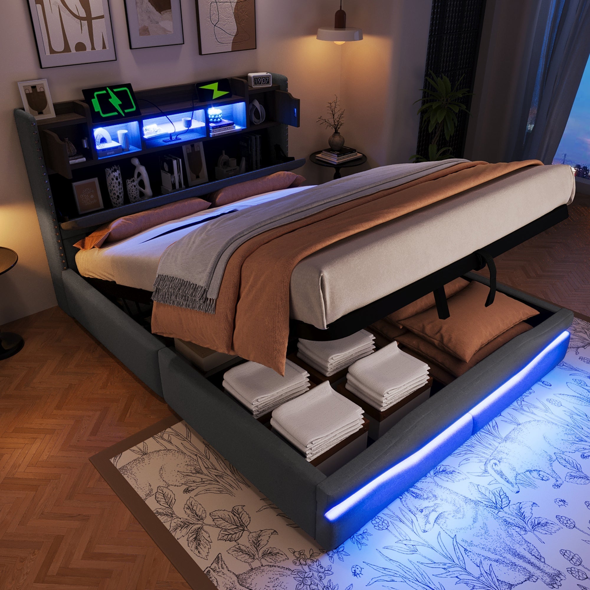 Upholstered Bed with USB-C Charging, LED Ambient Lighting and Hydraulic Storage, Grey