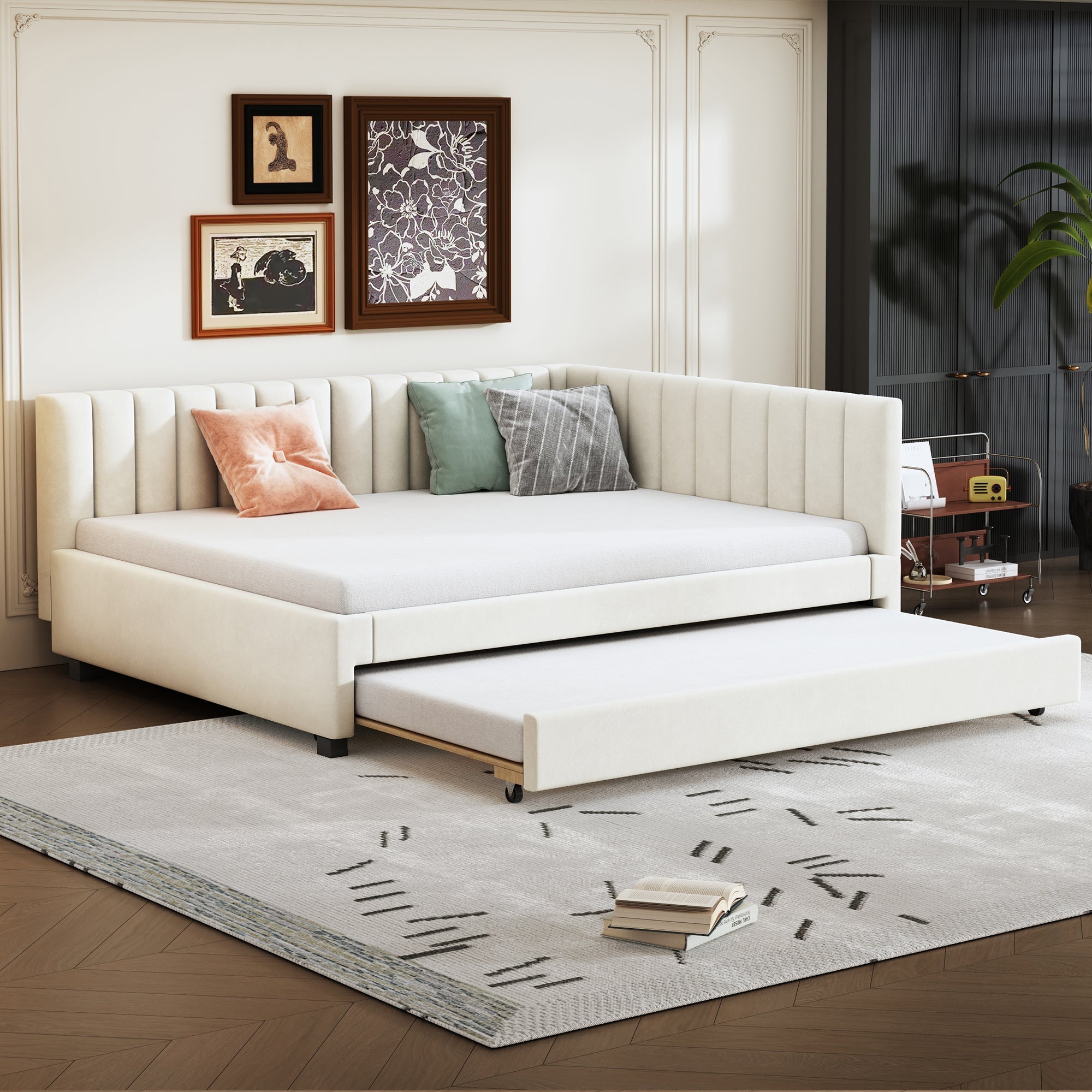 Upholstered Bed 140*200, Pull-Out Sofa Bed with Slatted Frame, Velvet Fabric Beige