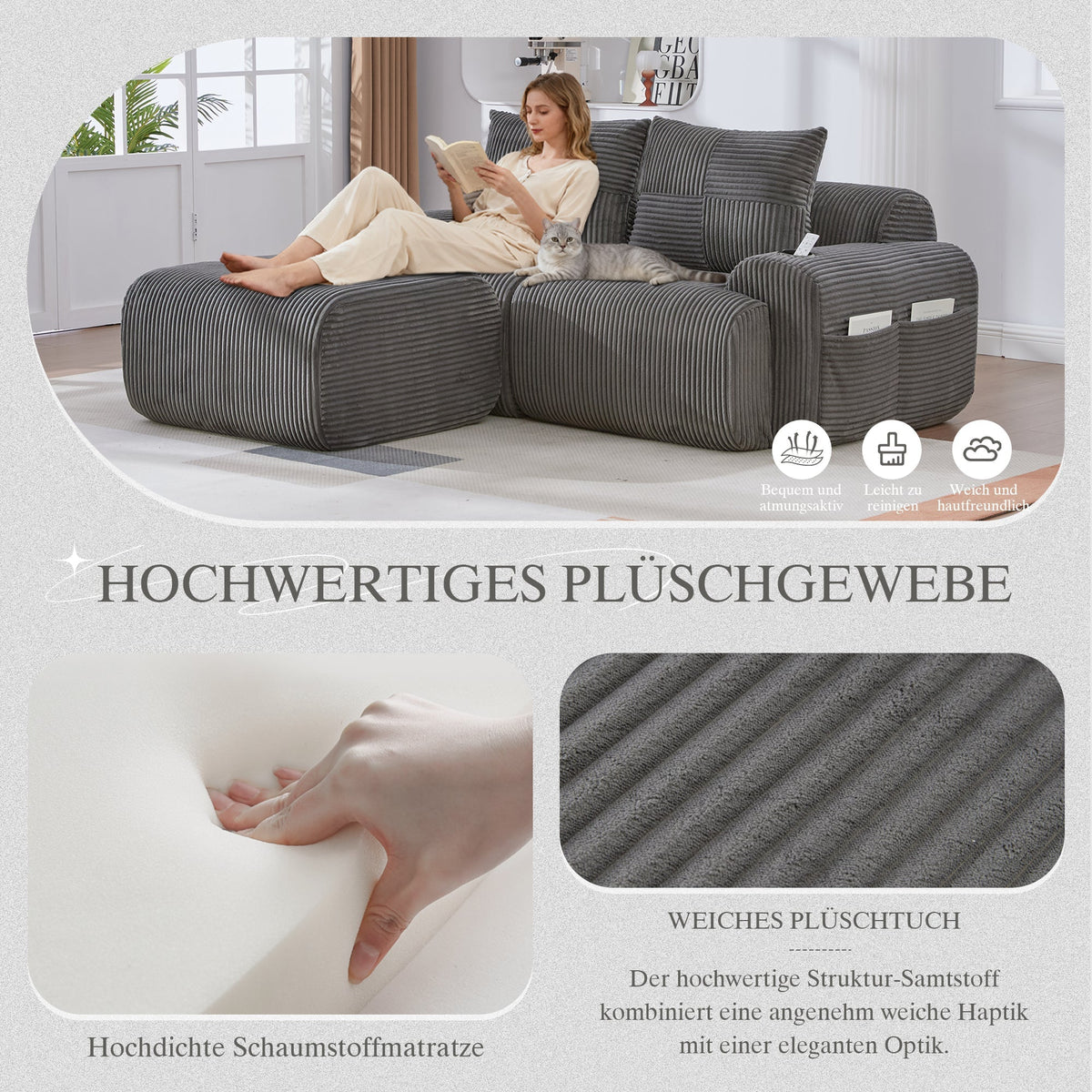Modular 2-Seater Sofa with Ottomans, Cup Holder and Side Pocket, Dark Grey Corduroy