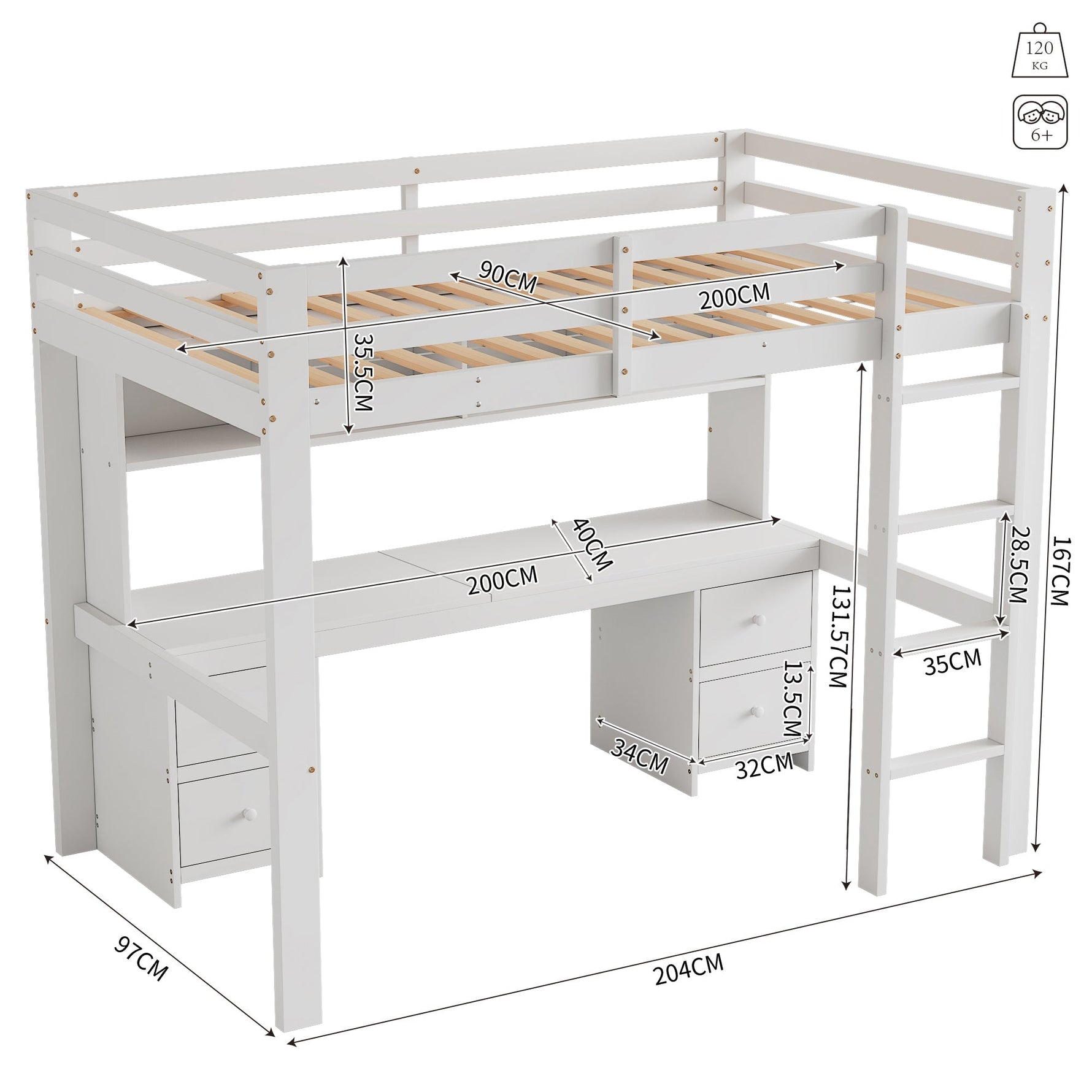 Loft Bed for Children with Desk and Storage, 90x200cm, White Pine Wood