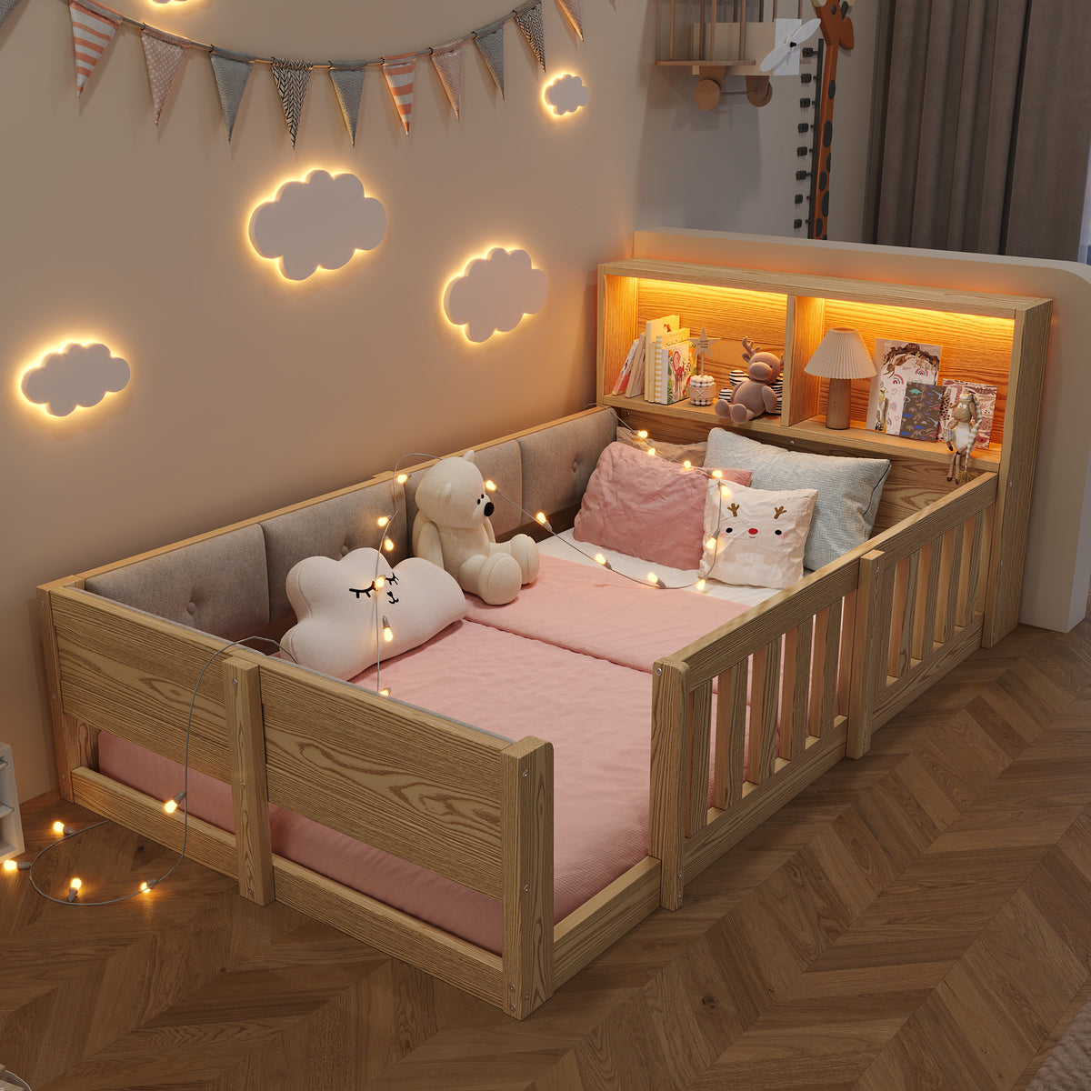 Children's Flatbed 90x200cm with Railings & LED Light, Natural