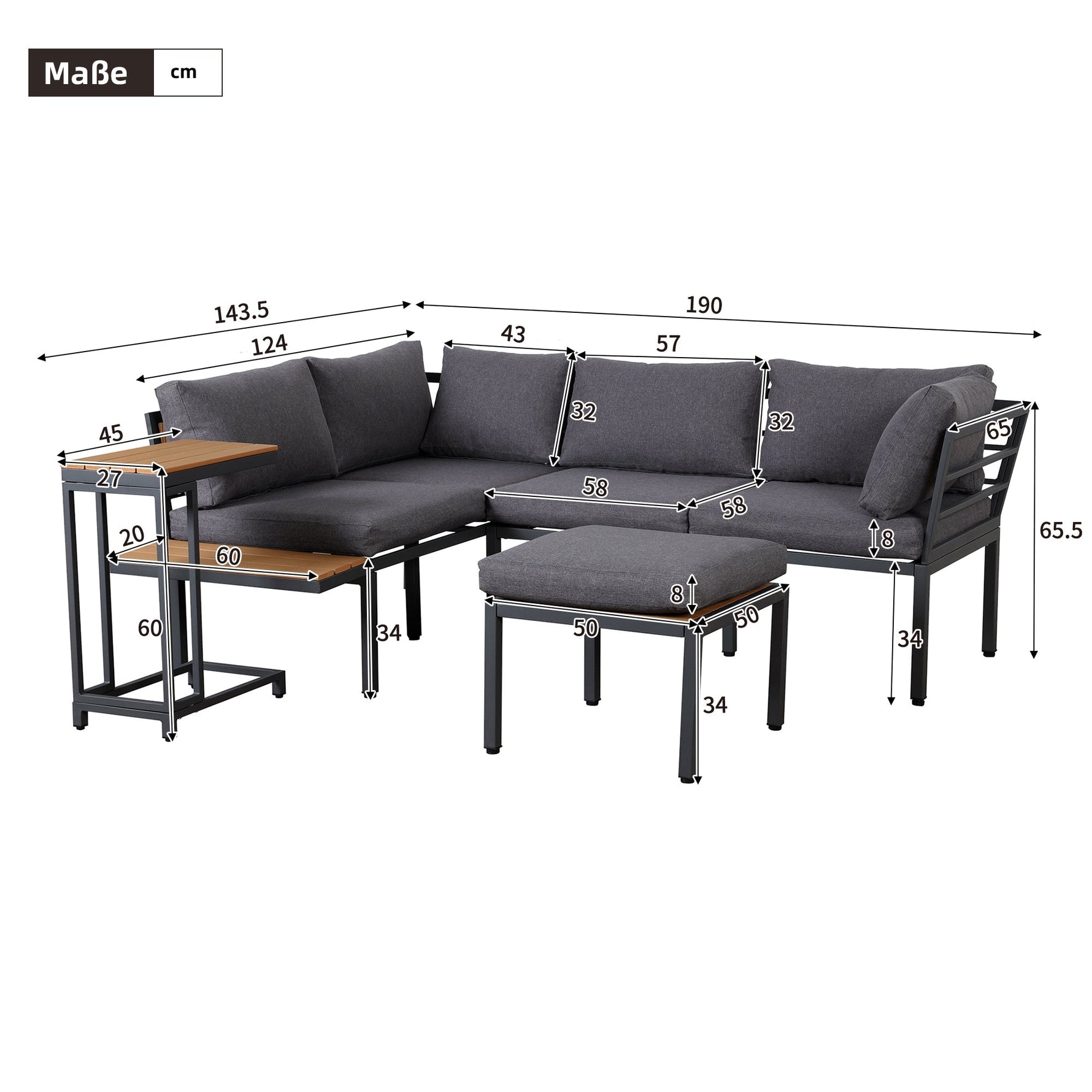 Garden Furniture Set with Sofa and Multi-functional Tables, Galvanized Steel and Wood-look Plastic, Grey and Black