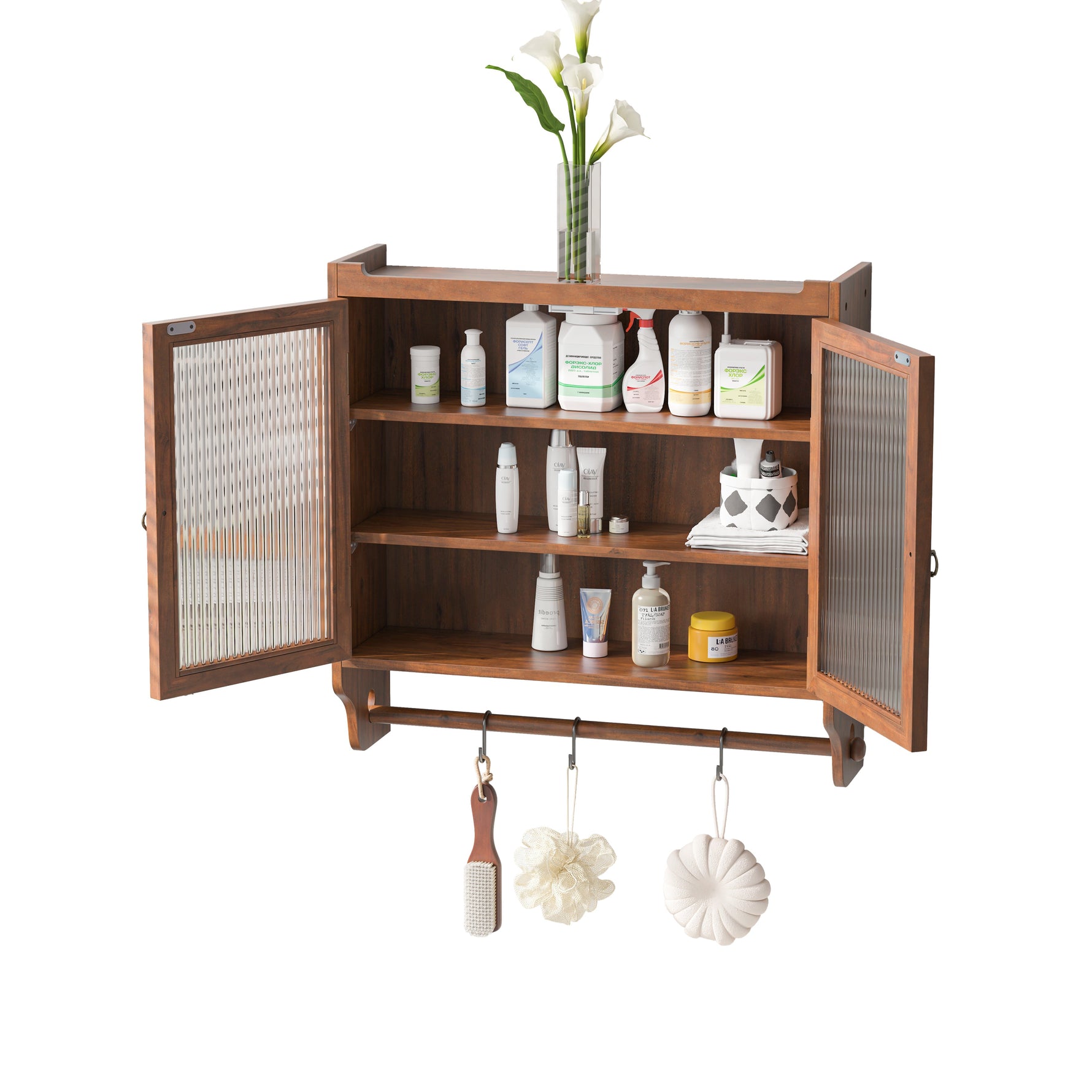 Wall Cabinet 63CM, Double Door Vintage Glass with 3 Tiers, Towel Rack, Brown