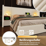 Upholstered Bed, 160x200, Storage, Lamp, USB-C, Beige-White Corduroy