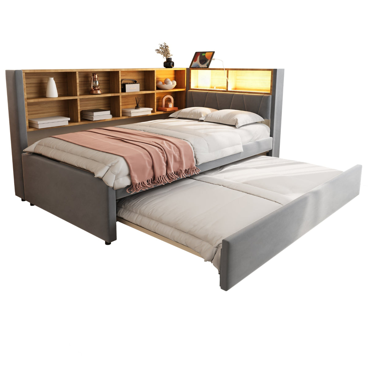 Sofa Bed 90x200 Pull-Out LED/Storage Upholstered Flannel Dark Grey
