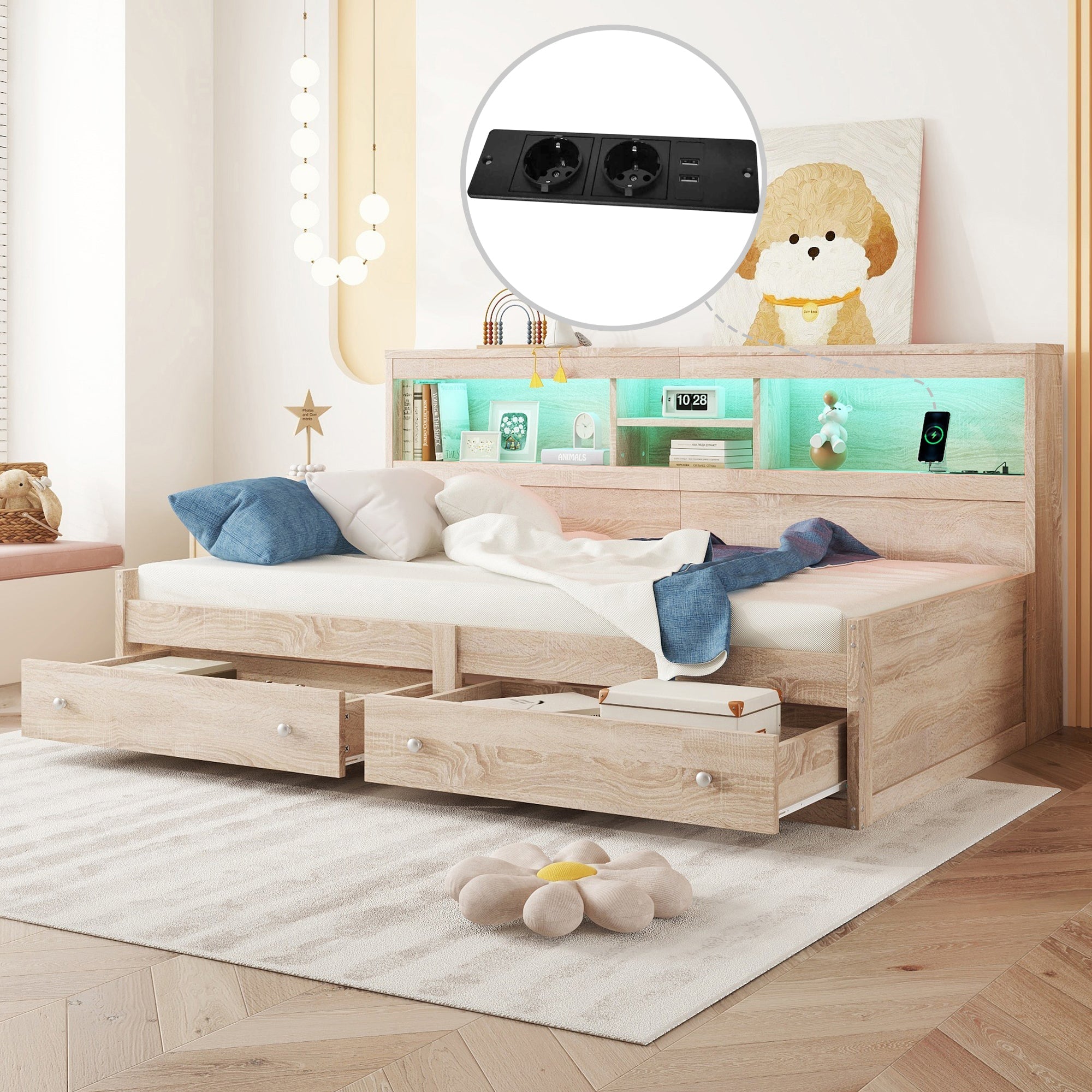 Daybed Sofa Bed 90x200cm Nightstand USB Charging Ambient Lighting 2 Drawers Chipboard Natural