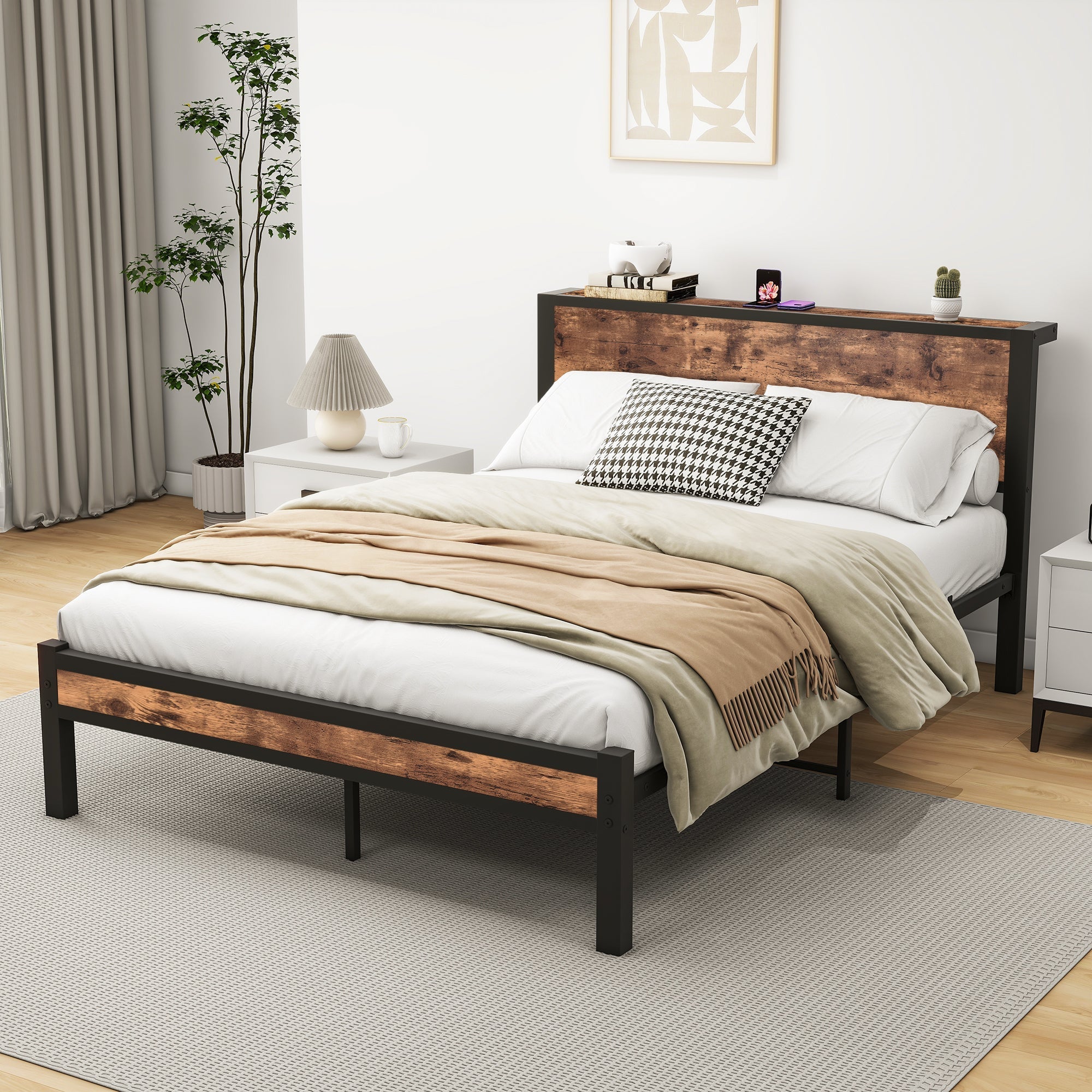 Metal Platform Bed Frame 140x200cm Storage Headboard Noiseless, Vintage Brown