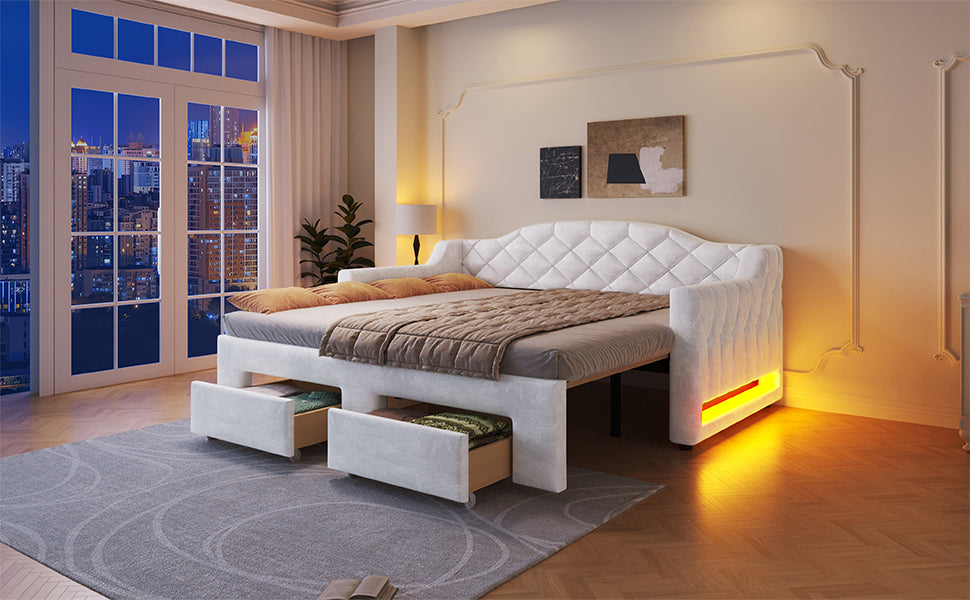 Upholstered Daybed with Two Drawers and LED Lighting, 90x200 to 180x200cm, White