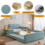 Upholstered Single Bed, Desk Stool Storage Headboard 90x200cm, Blue Velvet
