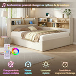 Daybed with Hydraulic Storage, LED, USB and Backrest, 140x190cm, Beige Velvet