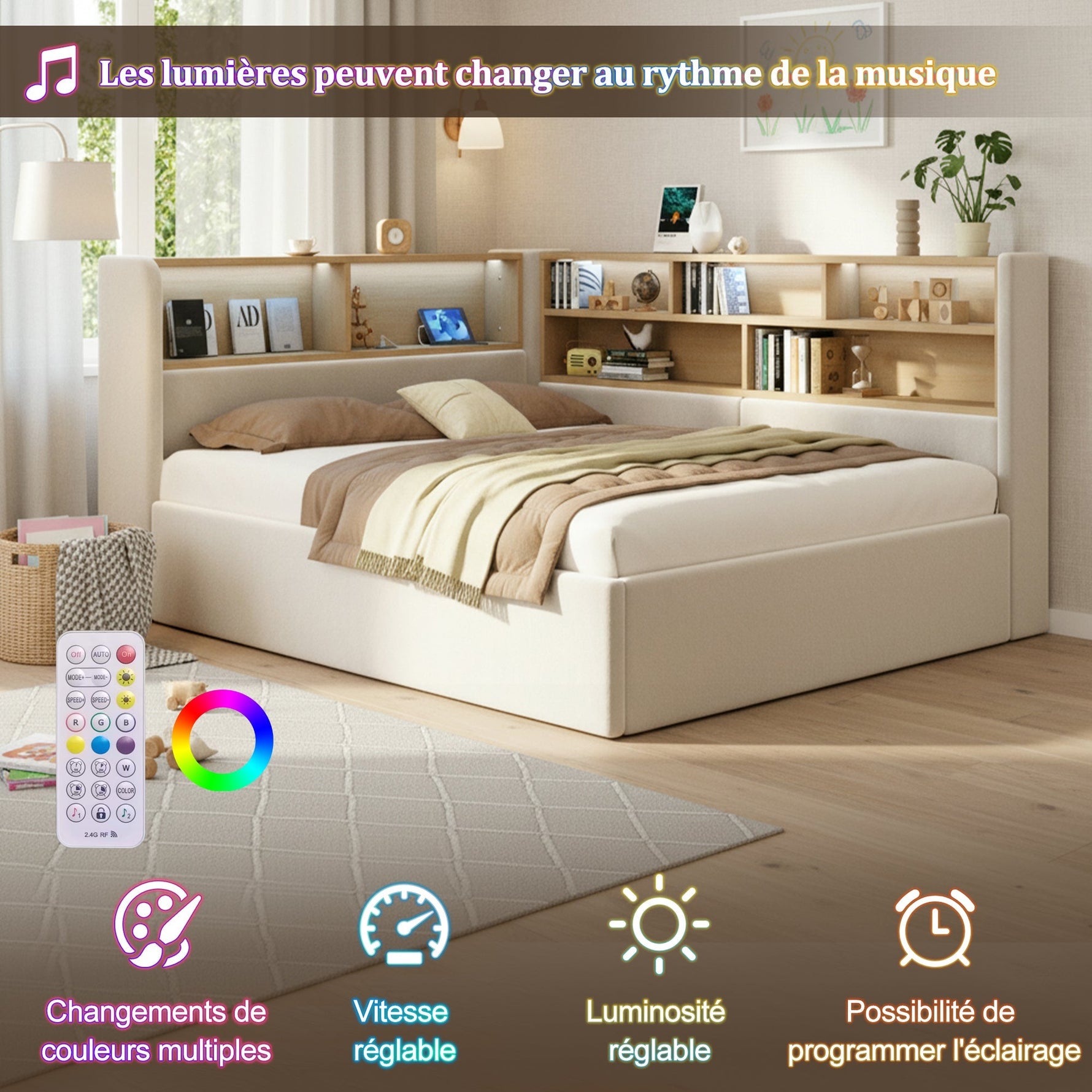 Daybed with Hydraulic Storage, LED, USB and Backrest, 140x190cm, Beige Velvet