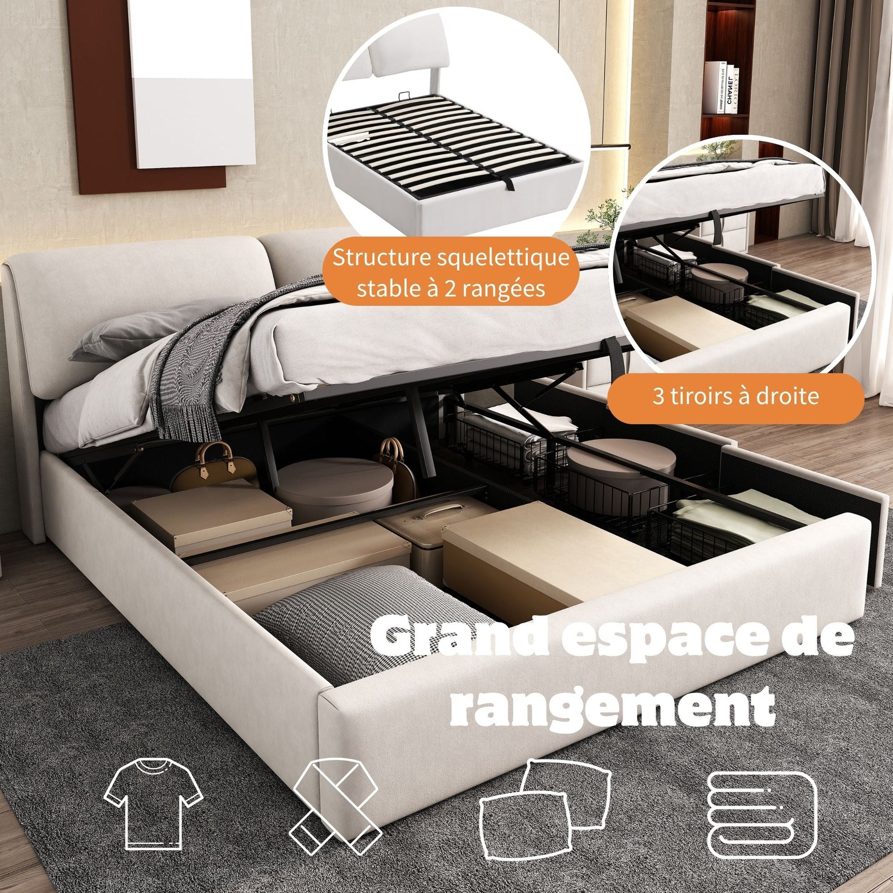 Upholstered Bed 140x200 Hydraulic Storage with 3 Drawers and Headboard, Velvet Beige