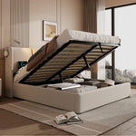 Upholstered Double Bed, 140x200 Storage USB Reading Light, Linen Material