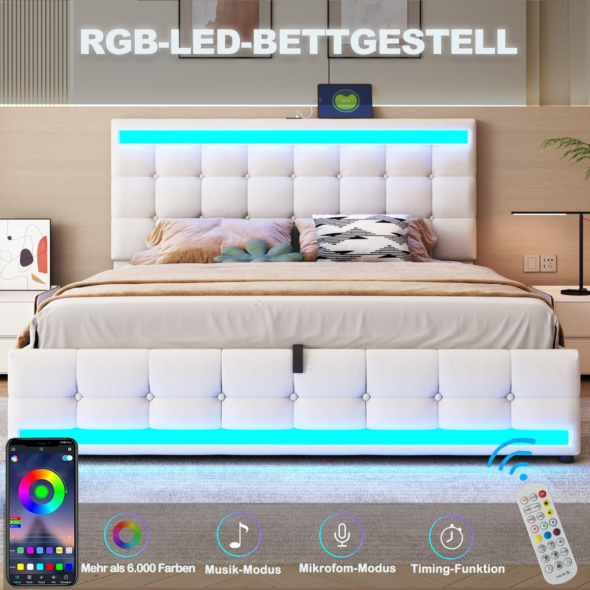 Upholstered Bed, Hydraulic Storage with USB & LED Light Strip, Beige Linen
