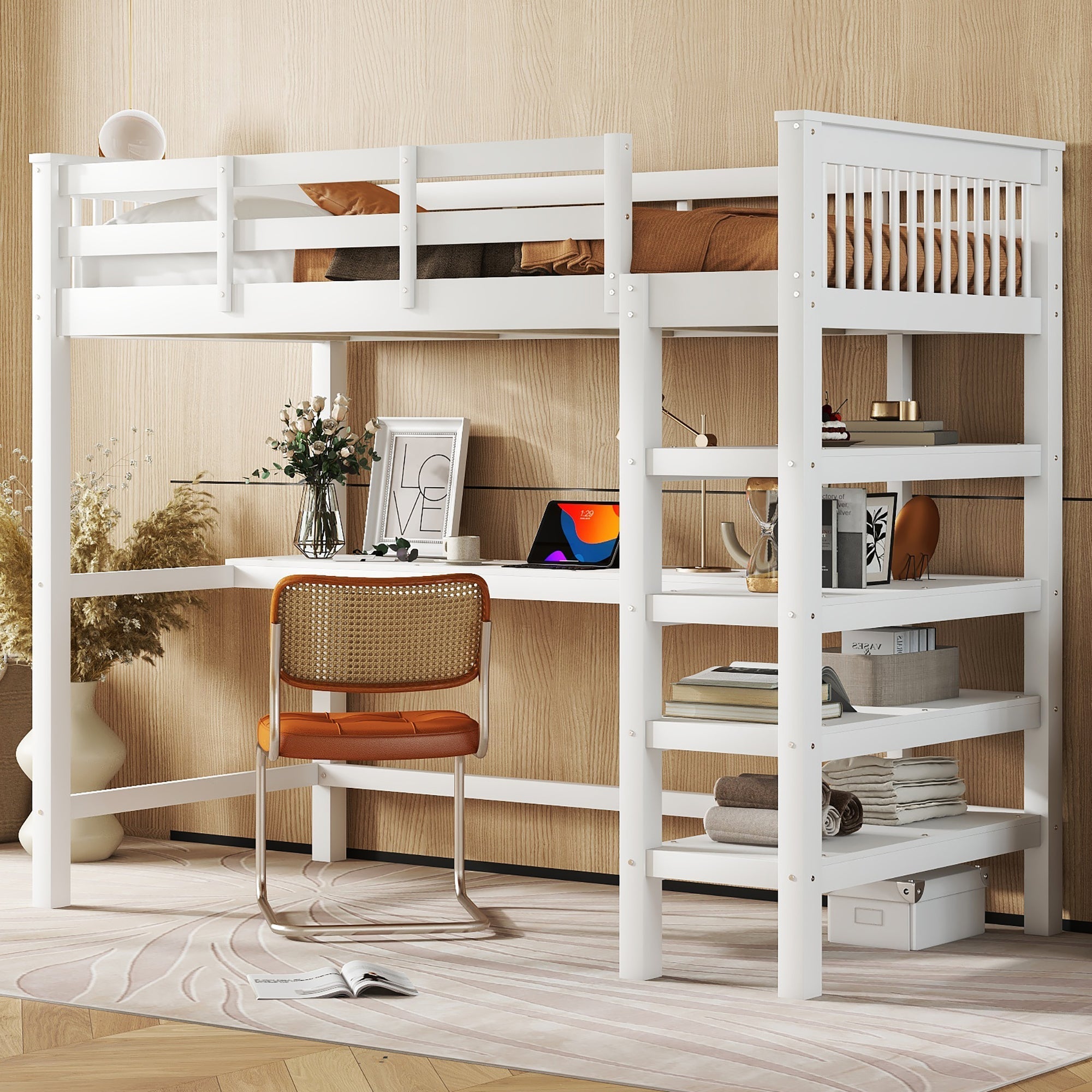Loft Bed 90x200cm Storage Under-Bed Desk - White