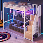 Loft Bed 90x200cm with Storage Ladder & LED Lights, White Iron Frame