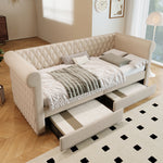 Vintage Upholstered Sofa Bed, 90x200 cm, 2 Storage Drawers, Linen Beige