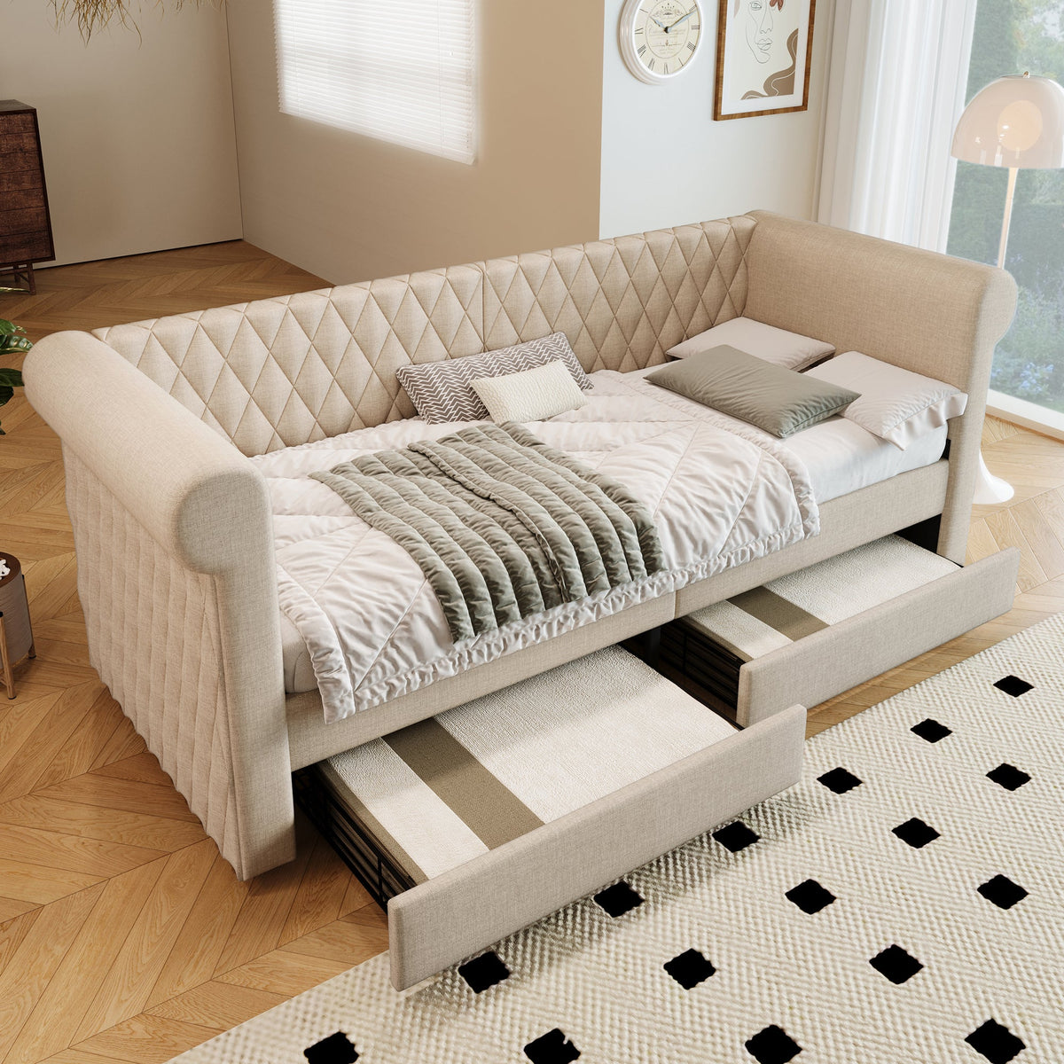 Vintage Upholstered Sofa Bed, 90x200 cm, 2 Storage Drawers, Linen Beige