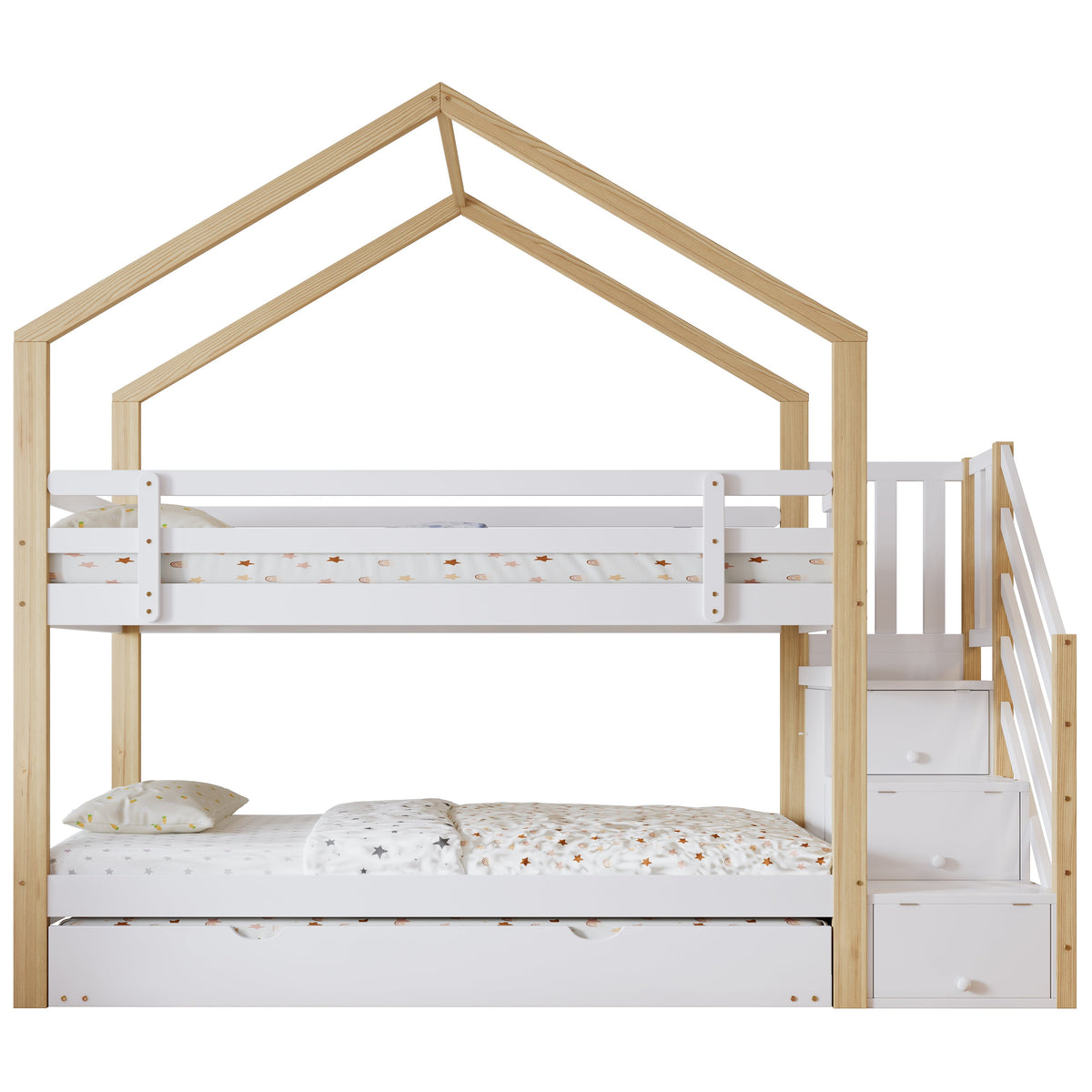 Bunk Bed, Pull-Out Treehouse with Sliding Bed & 3-Drawer Stairs, Natural + White
