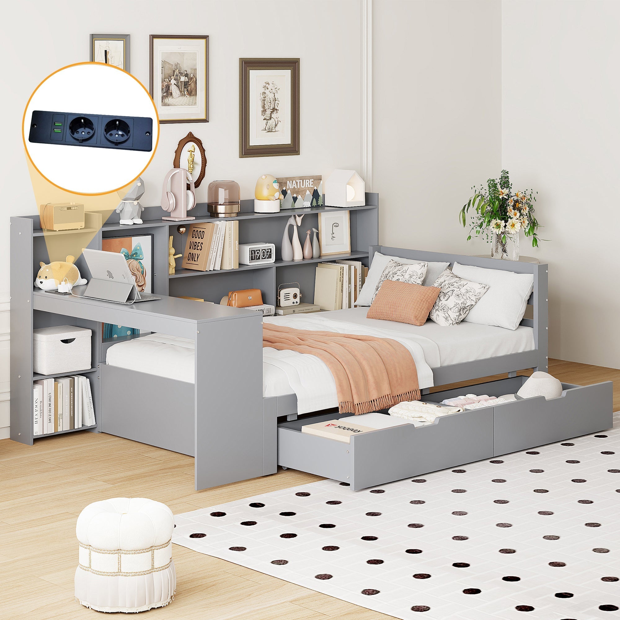 Sofa Bed, Multifunctional with Desk, Bookshelf, Storage & Power Outlet, Solid Wood, Grey