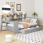 Sofa Bed, Multifunctional with Desk, Bookshelf, Storage & Power Outlet, Solid Wood, Grey