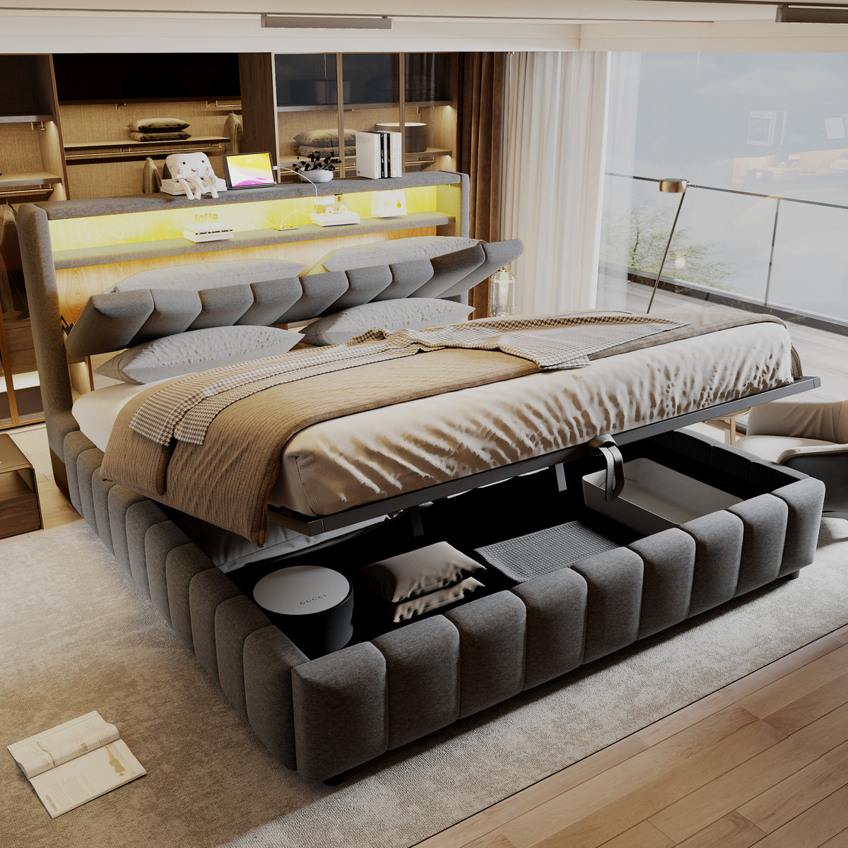 Upholstered Bed 180x200 with Storage & LED Light, Grey Linen