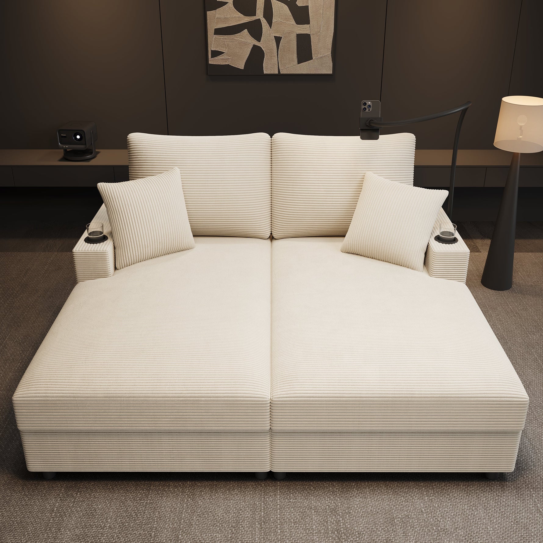 Double Sofa Bed with Sleeping Function, USB Port & Cup Holder - Beige