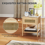 Bedside Table with Drawer, Open Shelf, Rattan Design, Natural