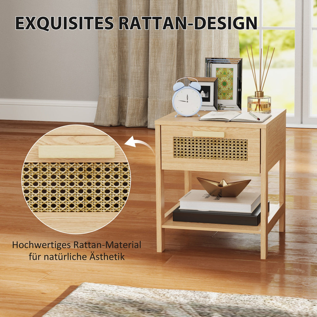 Bedside Table with Drawer, Open Shelf, Rattan Design, Natural