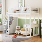 Loft Bed with Multifunctional Table and Storage Stairs, 90x200cm, White Pine Wood