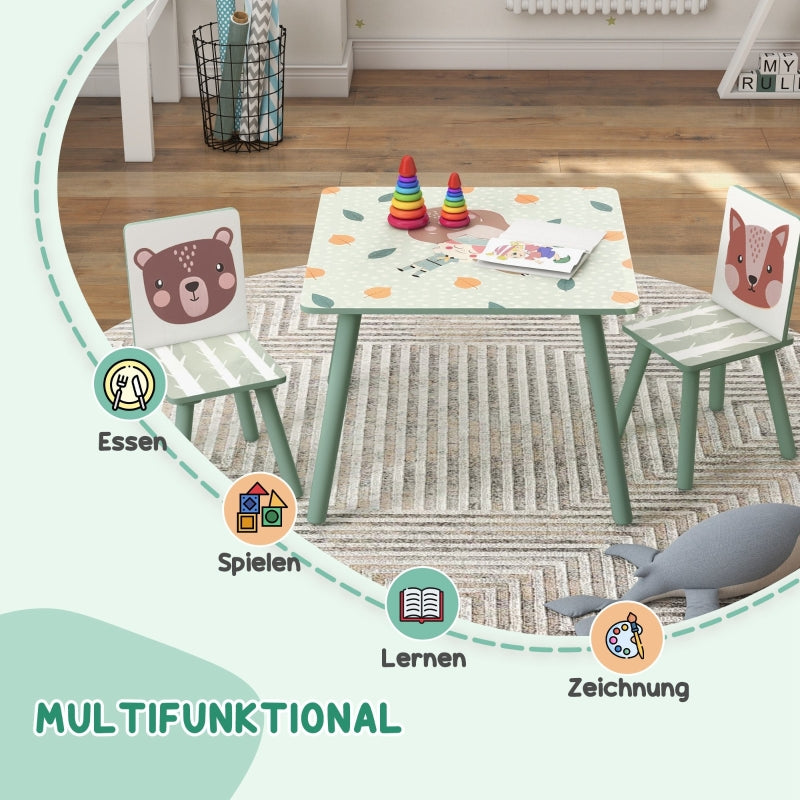 Children’s table with 2 chairs, kids’ seating set with 1 table & 2 chairs, cute animal design, suitable for children aged 3–8 years, green