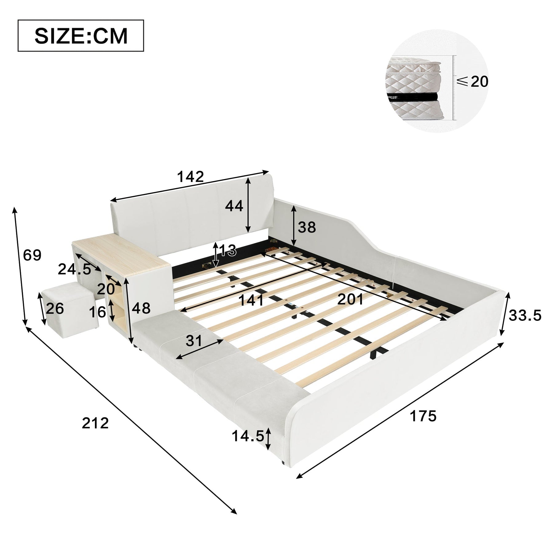 Upholstered Bed with Desk, Stool and Storage Shelf, 140x200cm, White Velvet