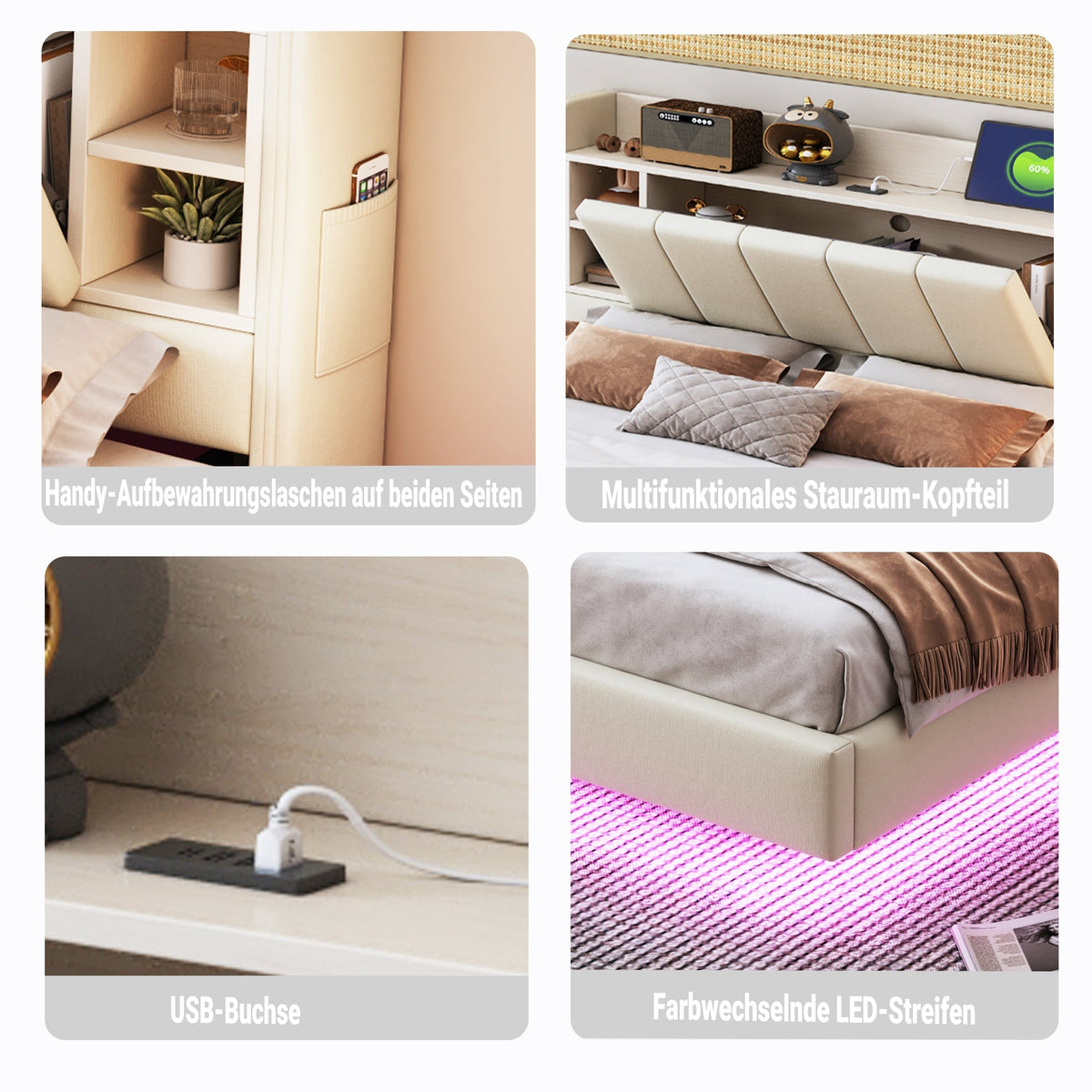 Upholstered Bed 160 x 200 cm, USB Socket, Light Strip, Reversible Headboard, Beige Linen Fabric