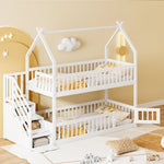 Children's Bunk Bed, 90x200, with Roof, Safety Ladder & Storage Drawers, Solid Wood White