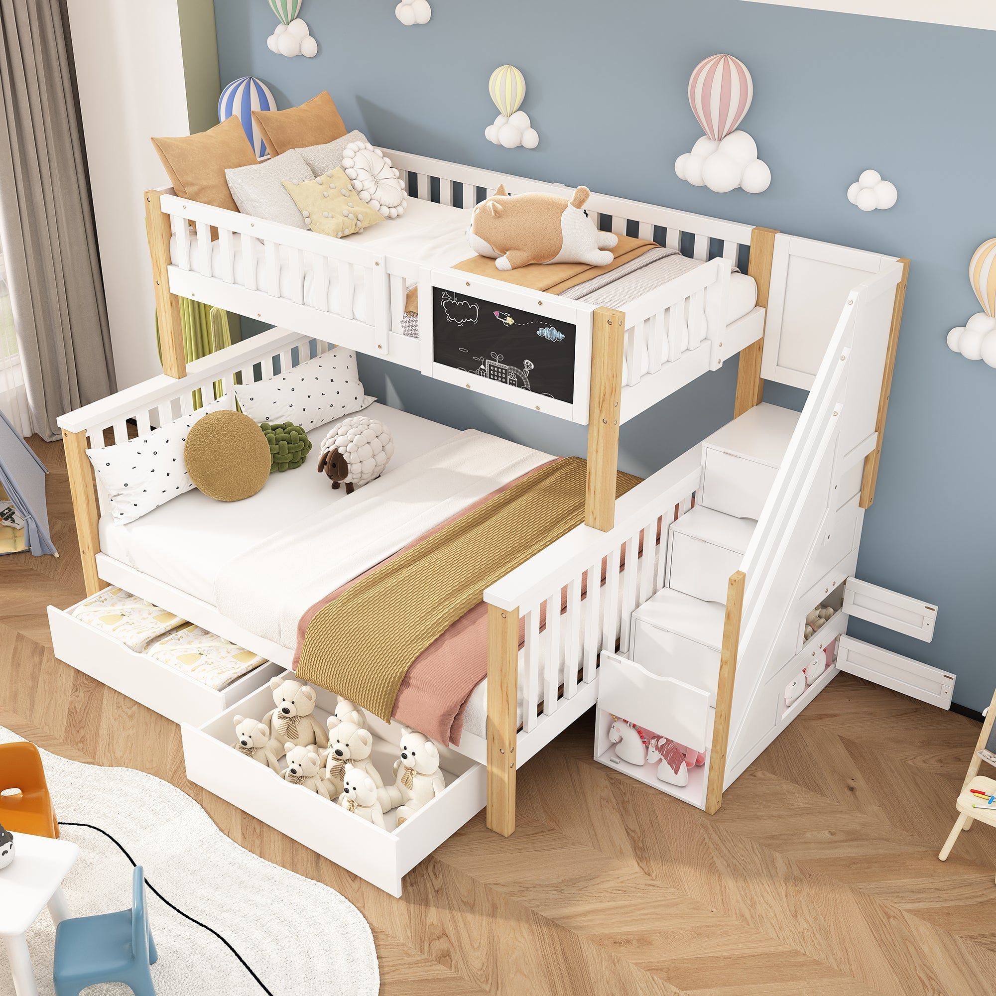 Children's Bunk Bed with Chalkboard, Drawers and Double Bed, 90x200cm and 140x200cm, White and Light Oak