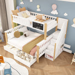 Children's Bunk Bed with Chalkboard, Drawers and Double Bed, 90x200cm and 140x200cm, White and Light Oak