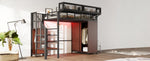 Metal Loft Bed 90 x 200 cm with Wardrobe, Safety Ladder and LED Lighting, Black