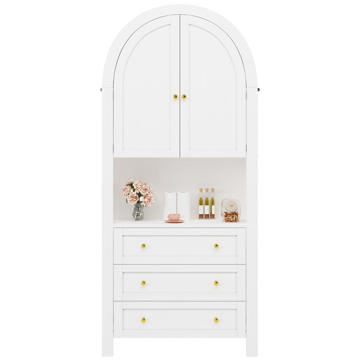 Tall Arched Storage Cabinet Drawers Doors Shelves - White