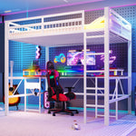 Loft Bed with Desk, LED Light Strip, USB Ports and Pegboard, White Metal Frame