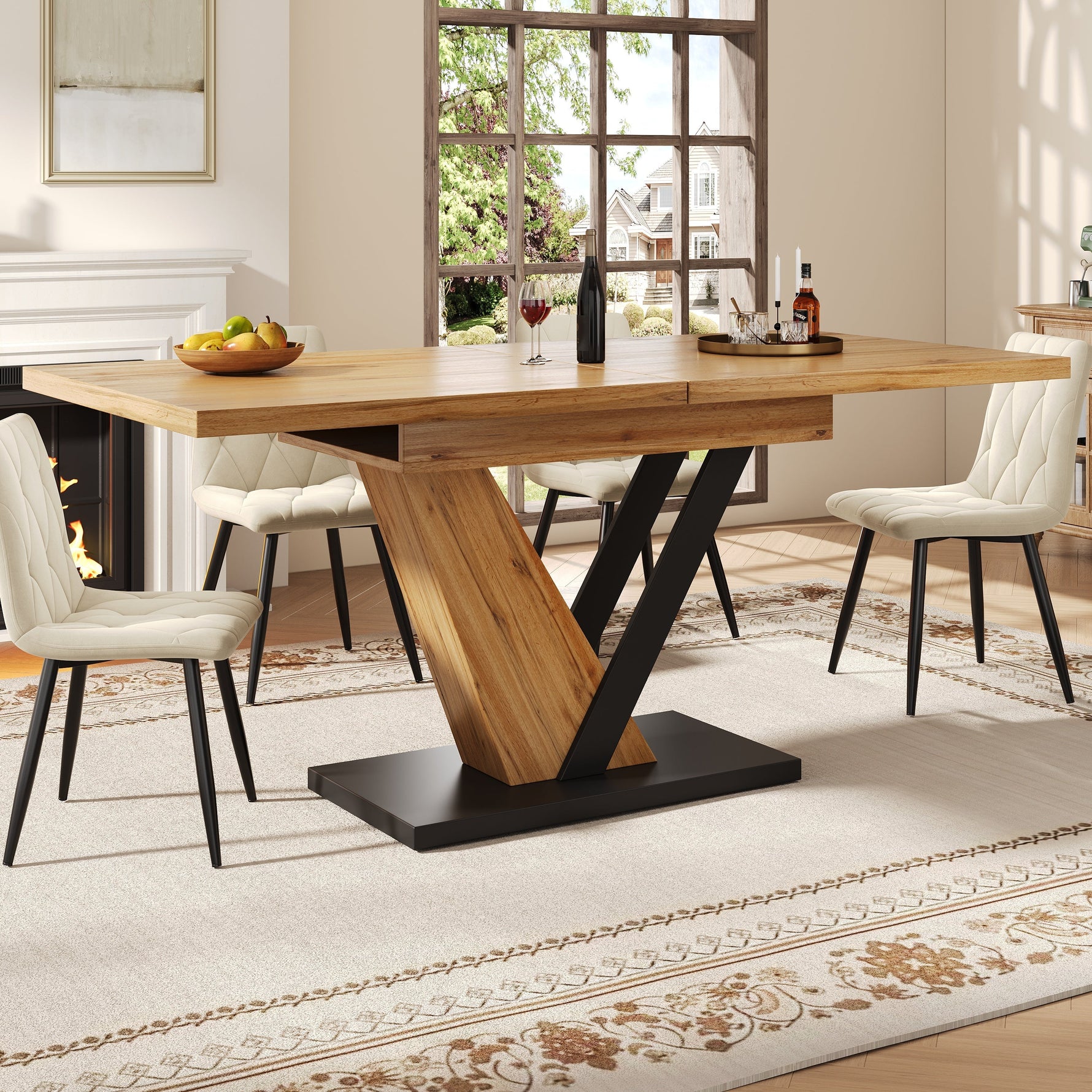 Extendable Dining Table with Internal Leaves and Seats 4-6, Wood Grain Finish