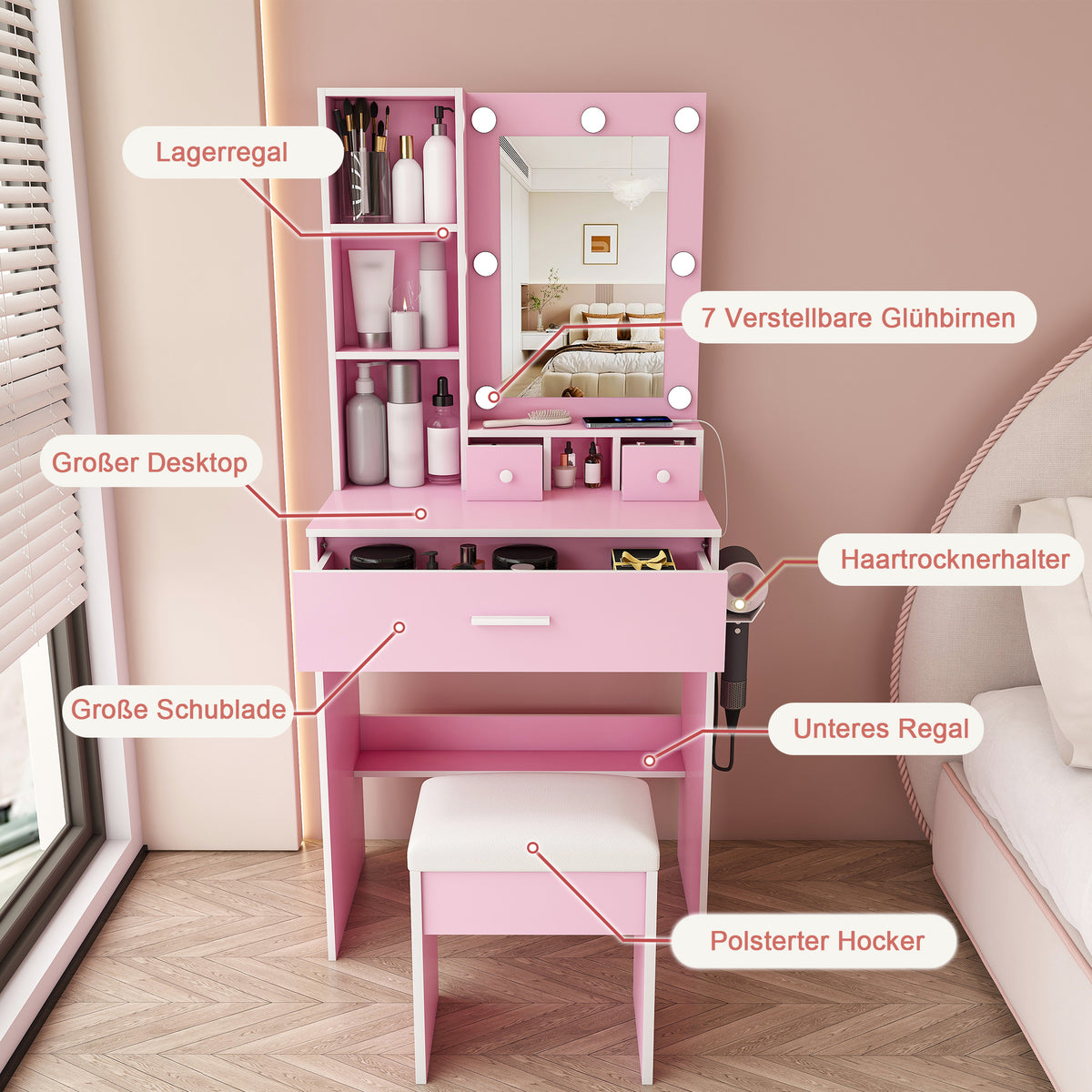 Small Vanity Set with LED Mirror, Storage & Stool, Pink