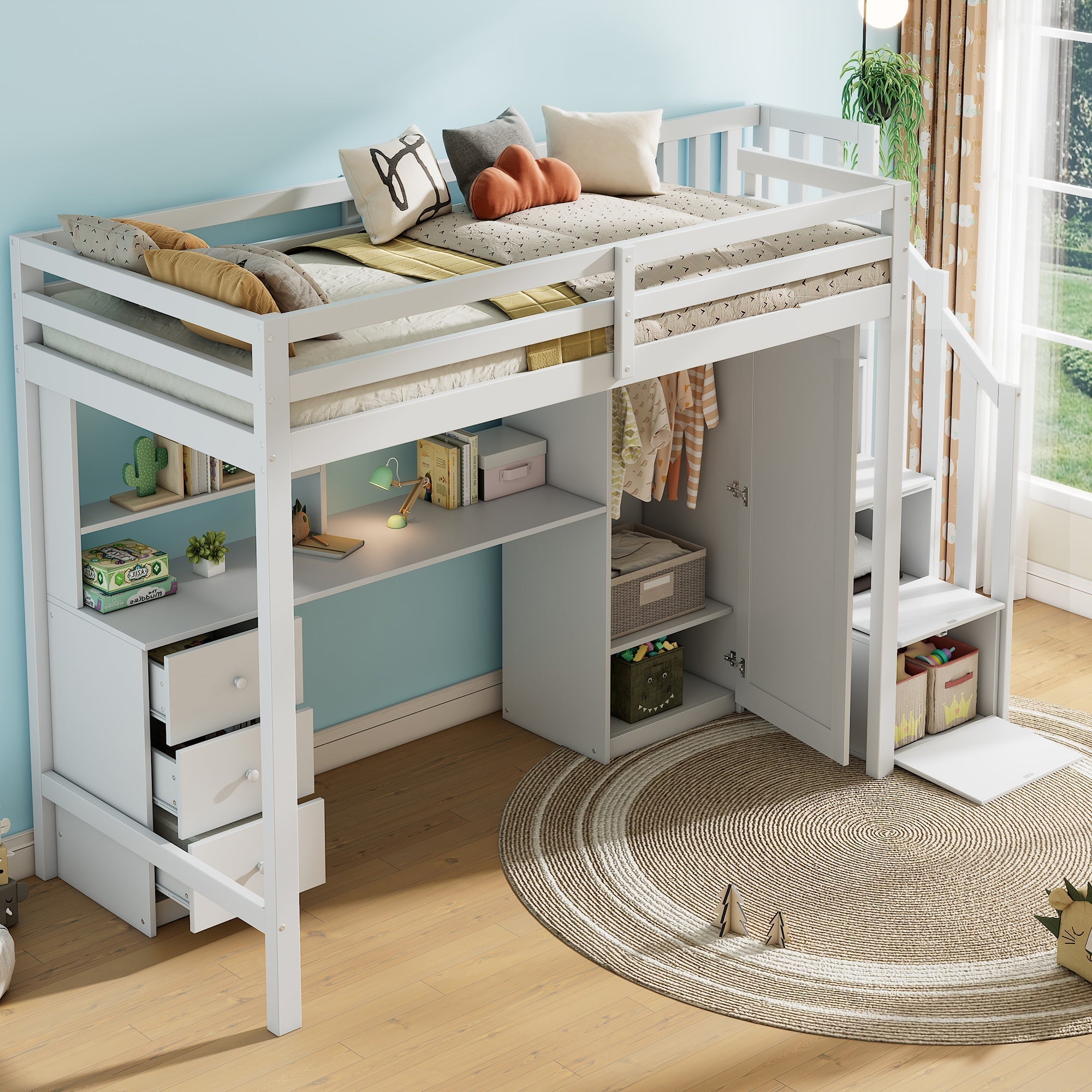 Bunk Bed 90x200cm with Desk, Wardrobe, Stair Storage - White