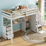 Bunk Bed 90x200cm with Desk, Wardrobe, Stair Storage - White